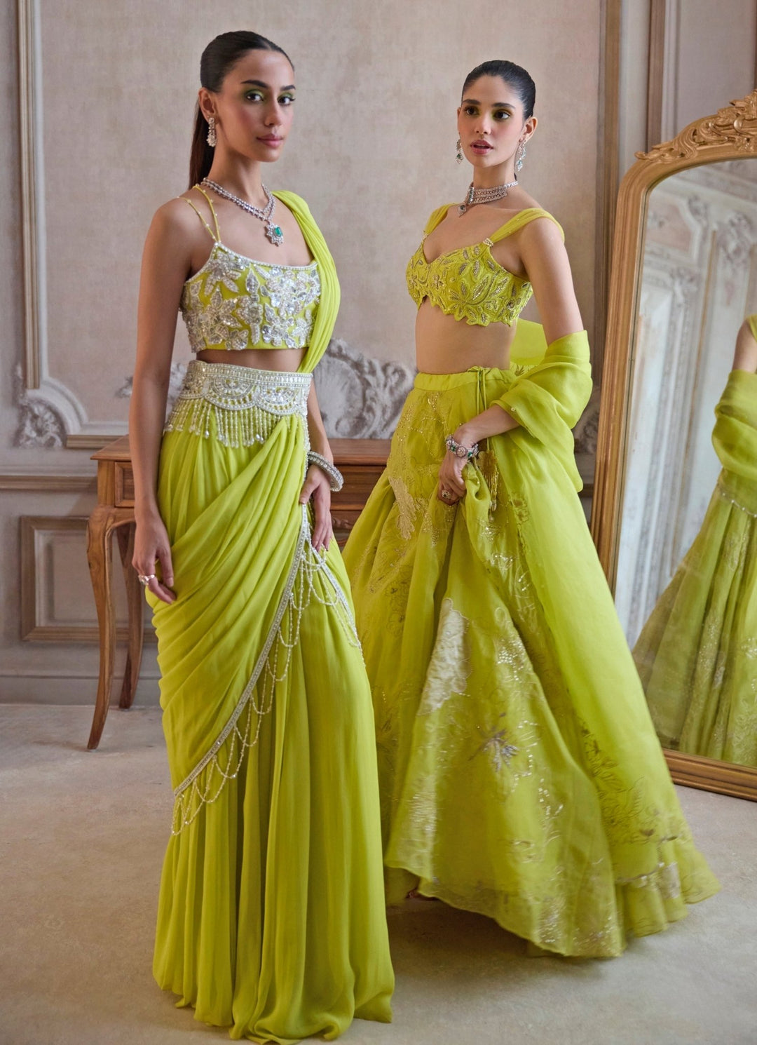 Neon Green Georgette Pre - Draped Saree With Bustier Sanya Gulati - Fabilicious Fashion