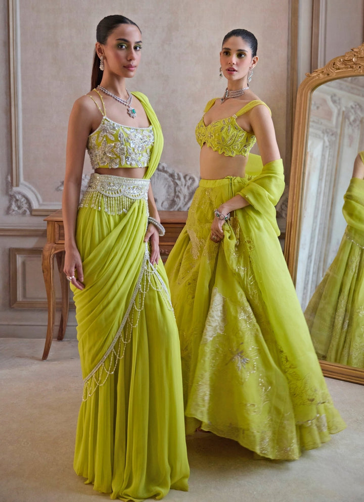 Neon Green Georgette Pre - Draped Saree With Bustier Sanya Gulati - Fabilicious Fashion