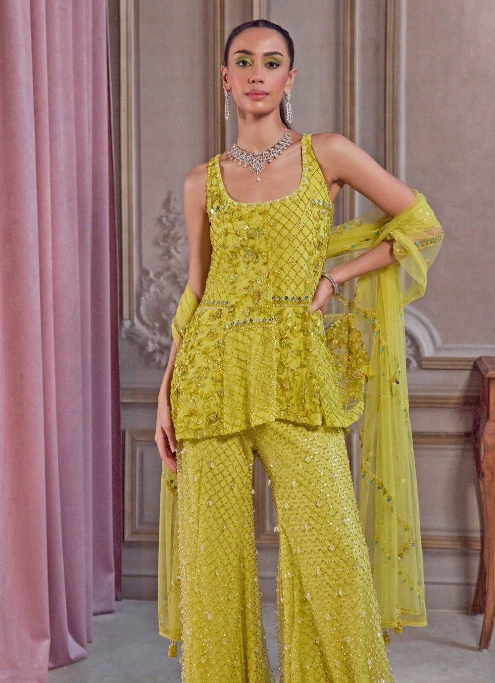 Neon Green Soft Net Kurta Pants Set Sanya Gulati - Fabilicious Fashion