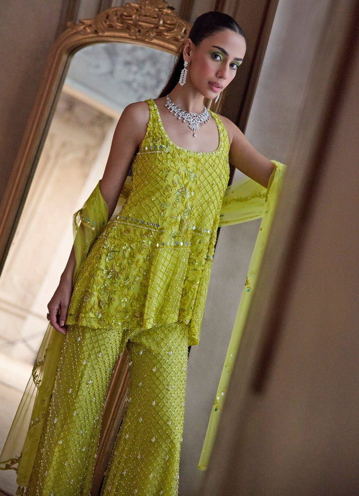 Neon Green Soft Net Kurta Pants Set Sanya Gulati - Fabilicious Fashion