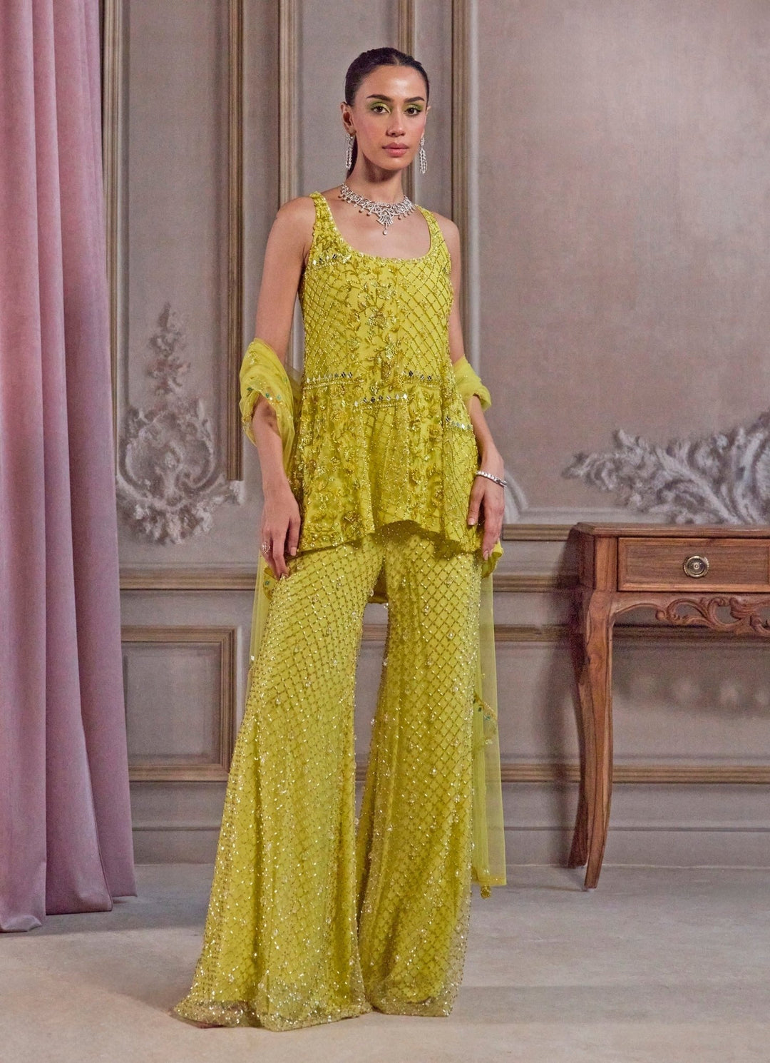 Neon Green Soft Net Kurta Pants Set Sanya Gulati - Fabilicious Fashion