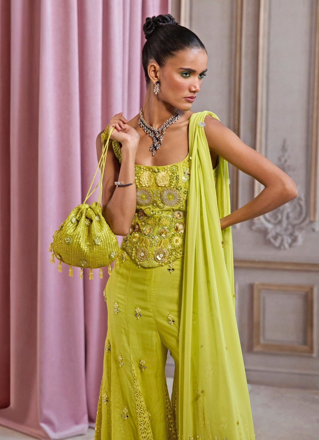 Neon Greenorganza Sharara Set With Corset Sanya Gulati - Fabilicious Fashion