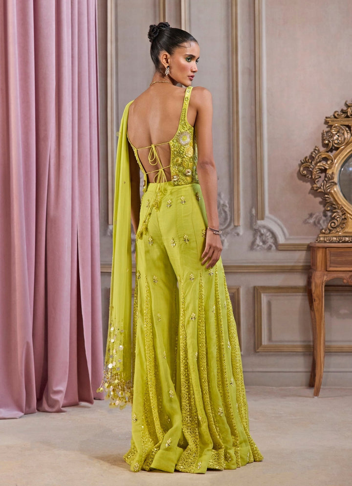 Neon Greenorganza Sharara Set With Corset Sanya Gulati - Fabilicious Fashion