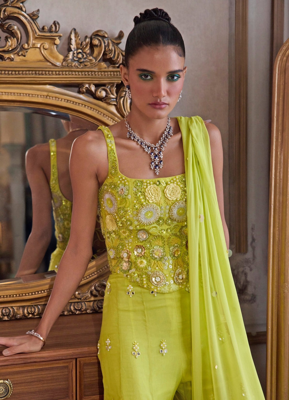 Neon Greenorganza Sharara Set With Corset Sanya Gulati - Fabilicious Fashion