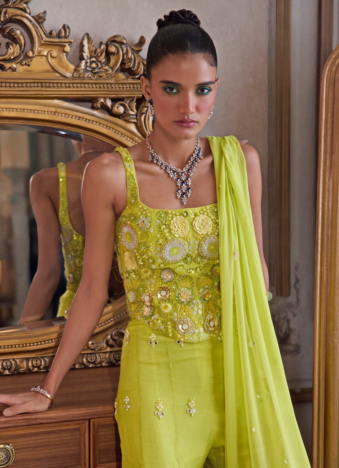 Neon Greenorganza Sharara Set With Corset Sanya Gulati - Fabilicious Fashion
