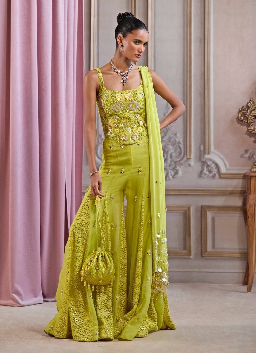 Neon Greenorganza Sharara Set With Corset Sanya Gulati - Fabilicious Fashion