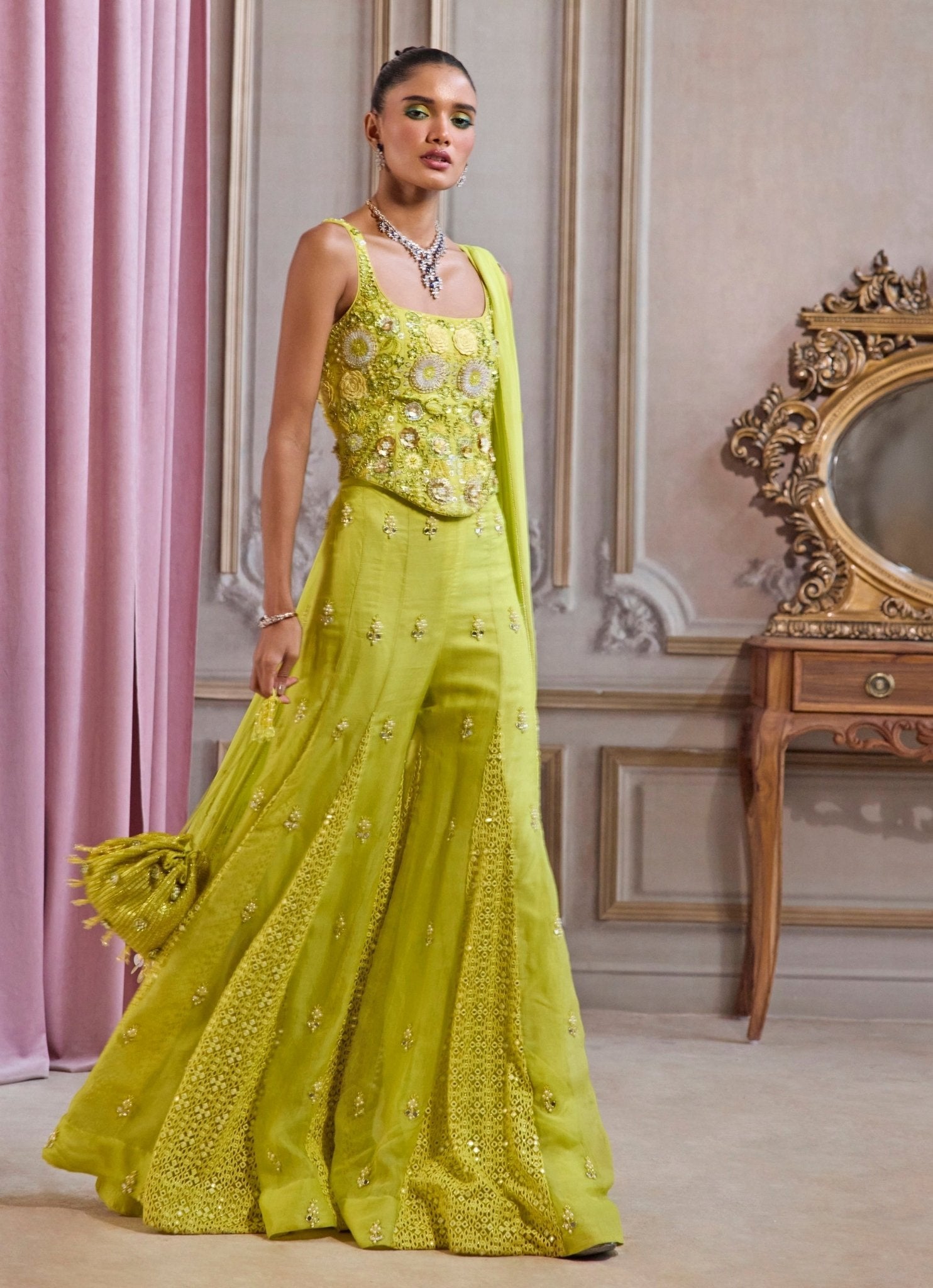 Neon green sharara Indo-Western set for sangeet wedding guest