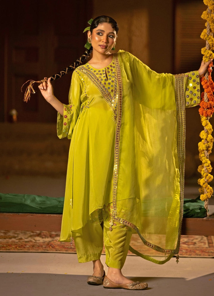 Neon Lime Green Crepe Silk Asymmetric Kurta Salwar Prahnaaya - Fabilicious Fashion