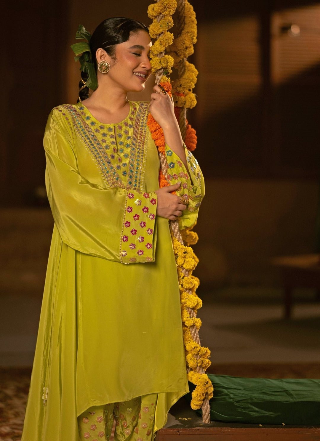 Neon Lime Green Crepe Silk High - Low Kurta Salwar Prahnaaya - Fabilicious Fashion