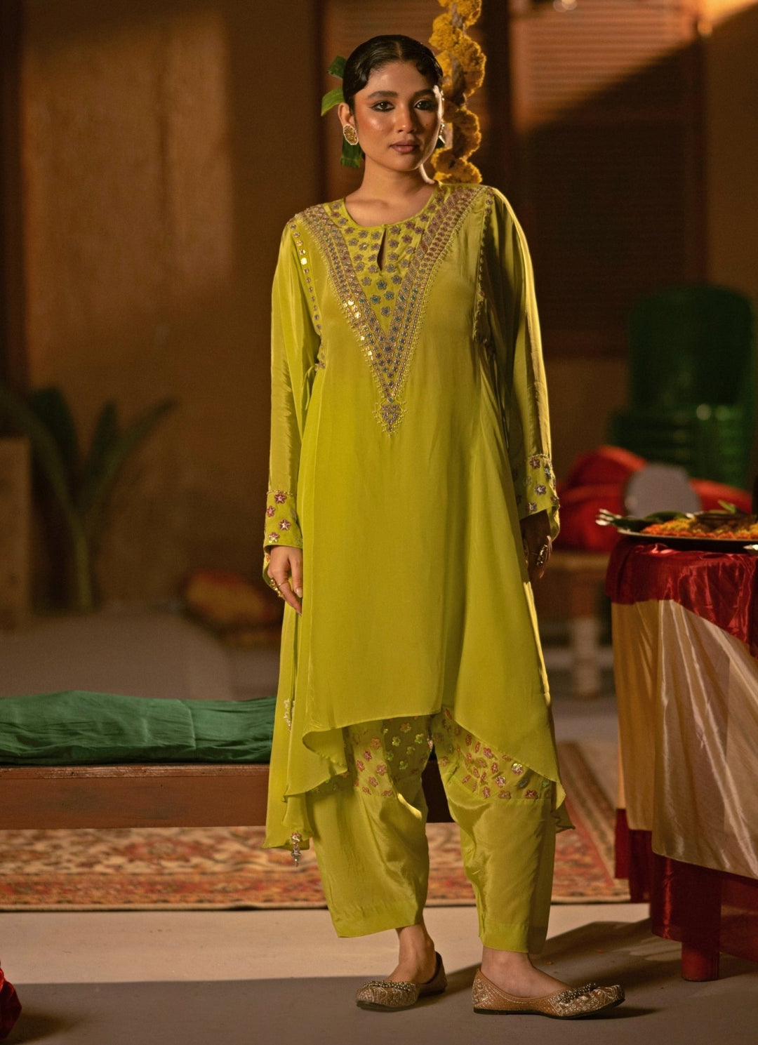 Neon Lime Green Crepe Silk High - Low Kurta Salwar Prahnaaya - Fabilicious Fashion