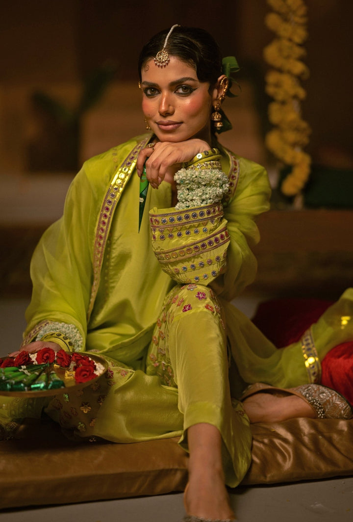 Neon Lime Green Crepe Silk Kurta Salwar Prahnaaya - Fabilicious Fashion