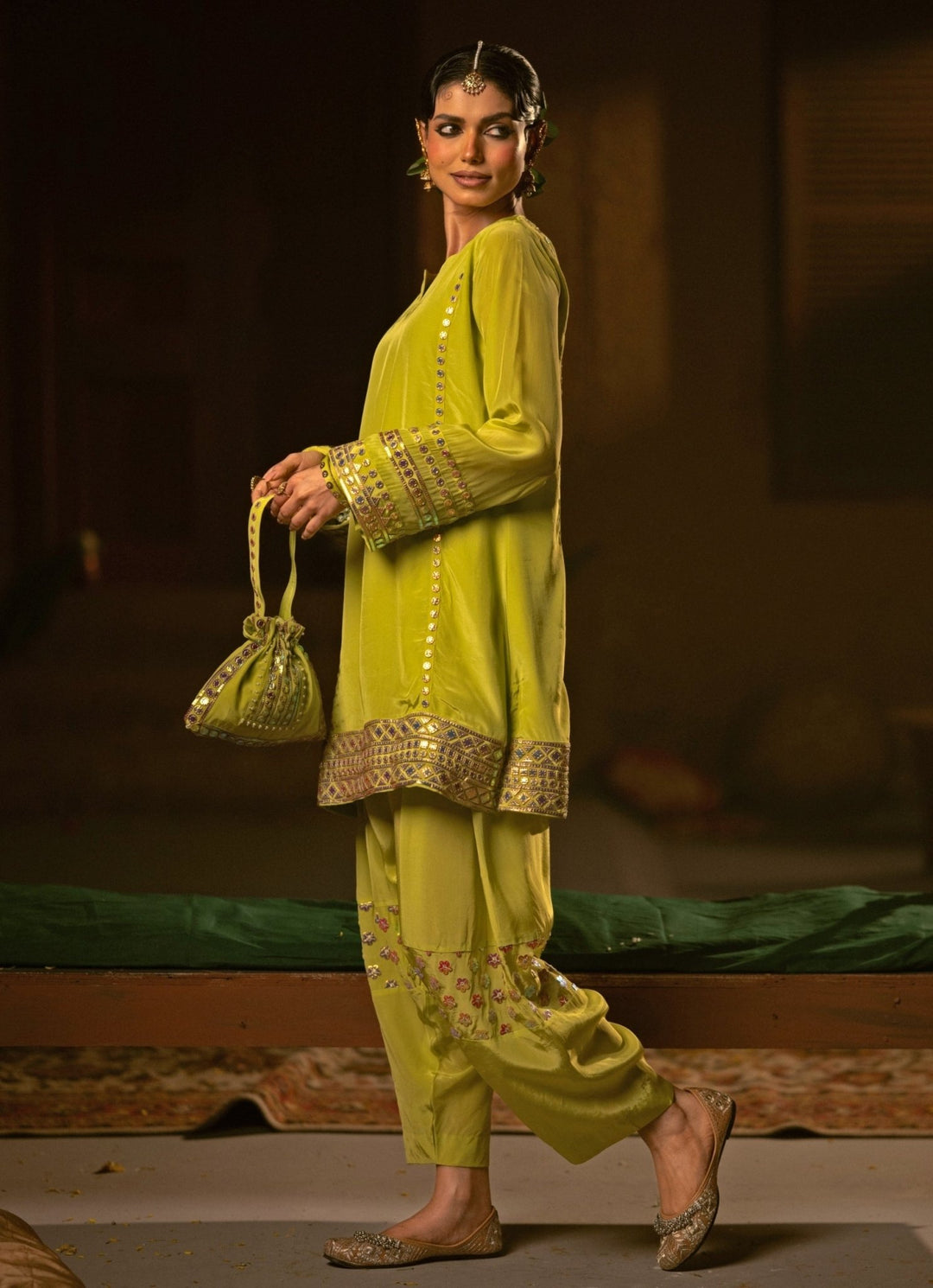 Neon Lime Green Crepe Silk Kurta Salwar Prahnaaya - Fabilicious Fashion