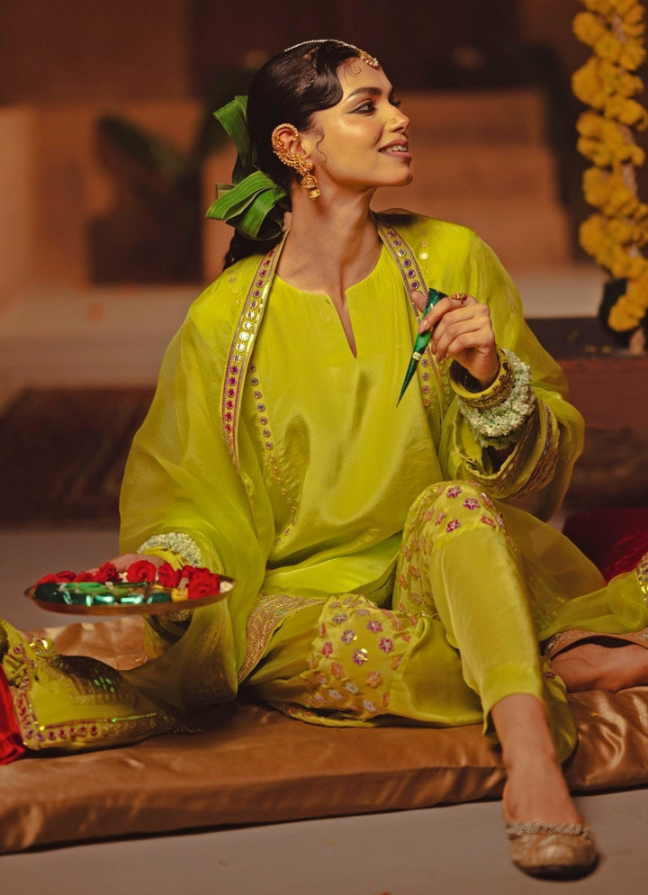 Neon Lime Green Crepe Silk Kurta Salwar Prahnaaya - Fabilicious Fashion
