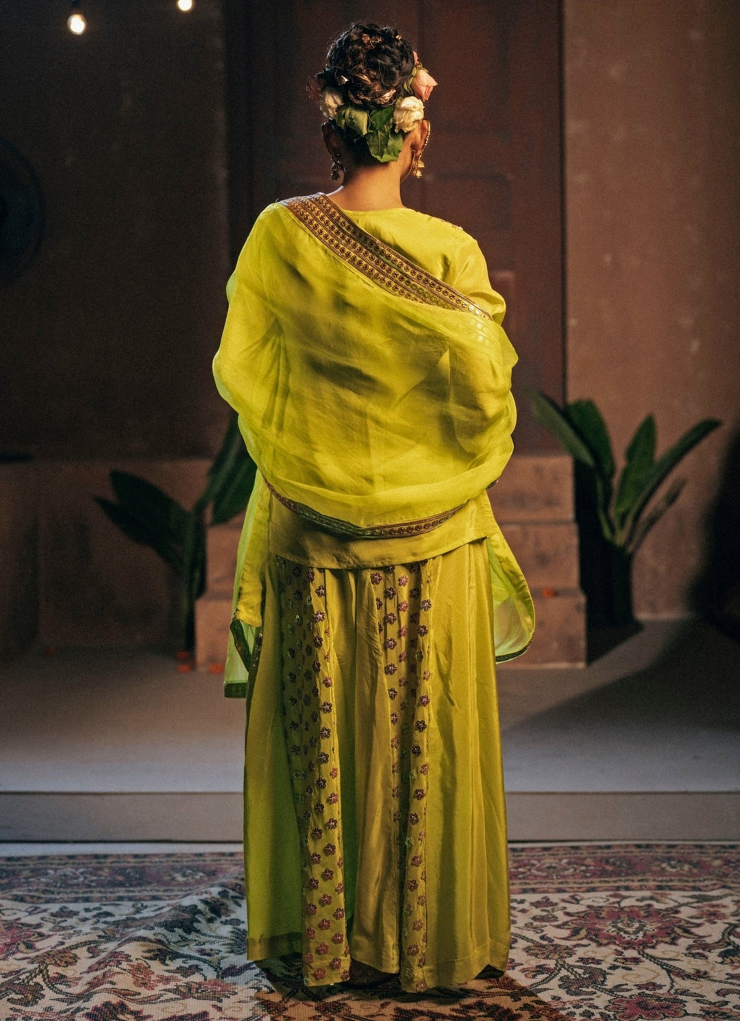Neon Lime Green Crepe Silk Sharara Prahnaaya - Fabilicious Fashion