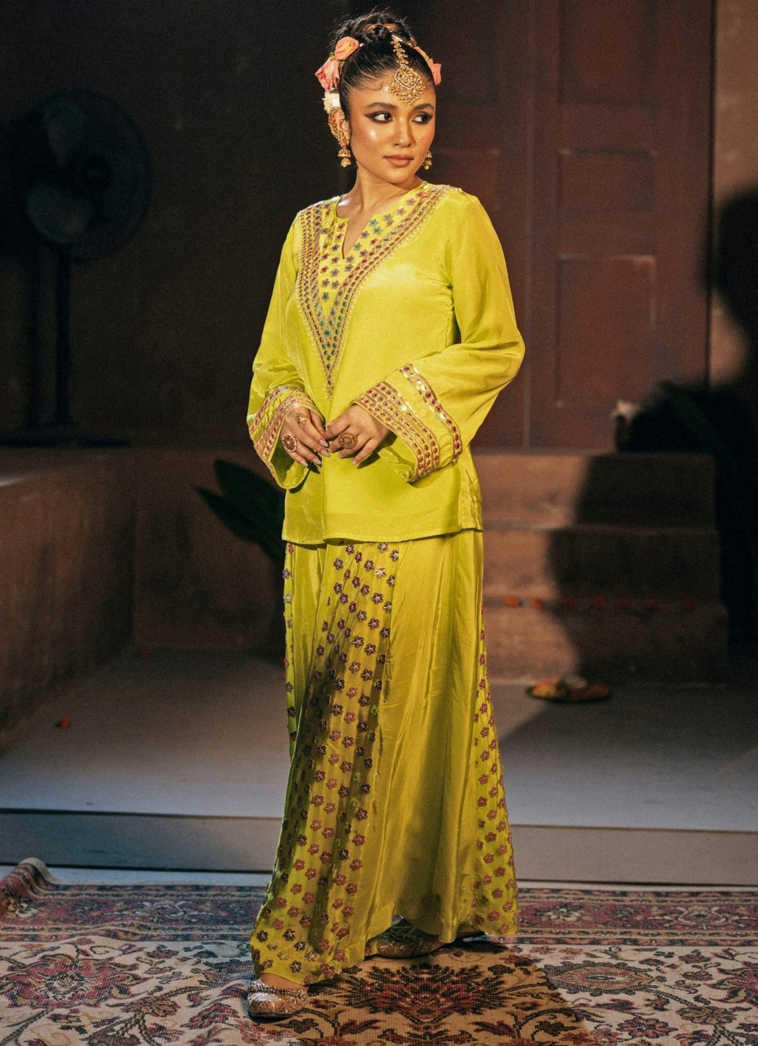 Neon Lime Green Crepe Silk Sharara Prahnaaya - Fabilicious Fashion