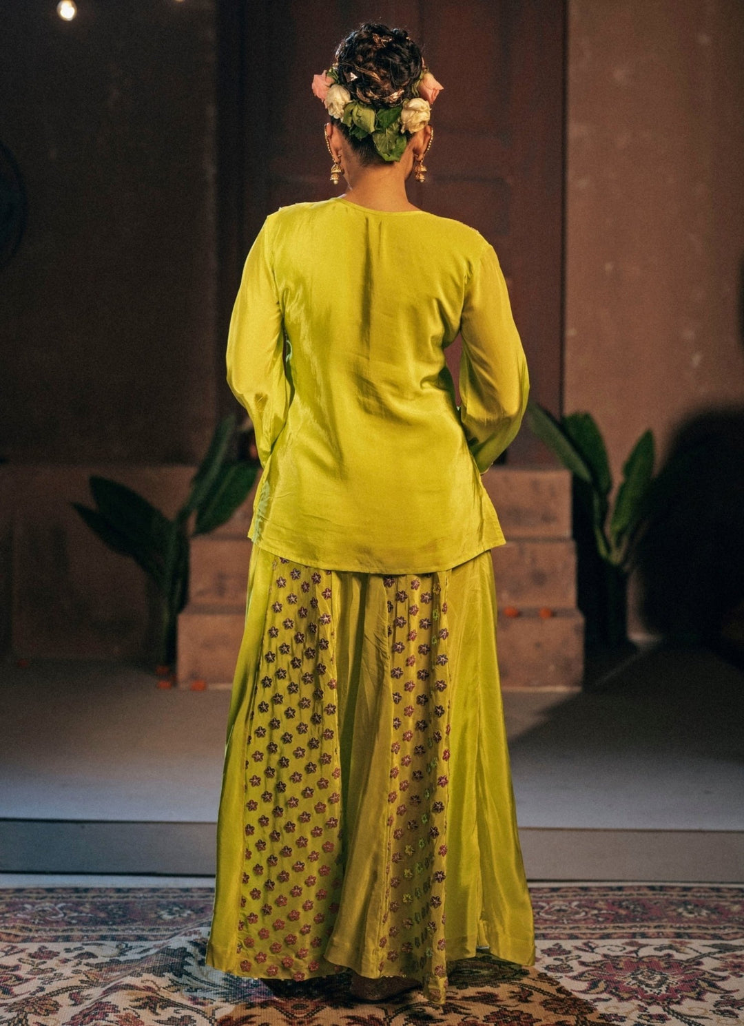 Neon Lime Green Crepe Silk Sharara Prahnaaya - Fabilicious Fashion