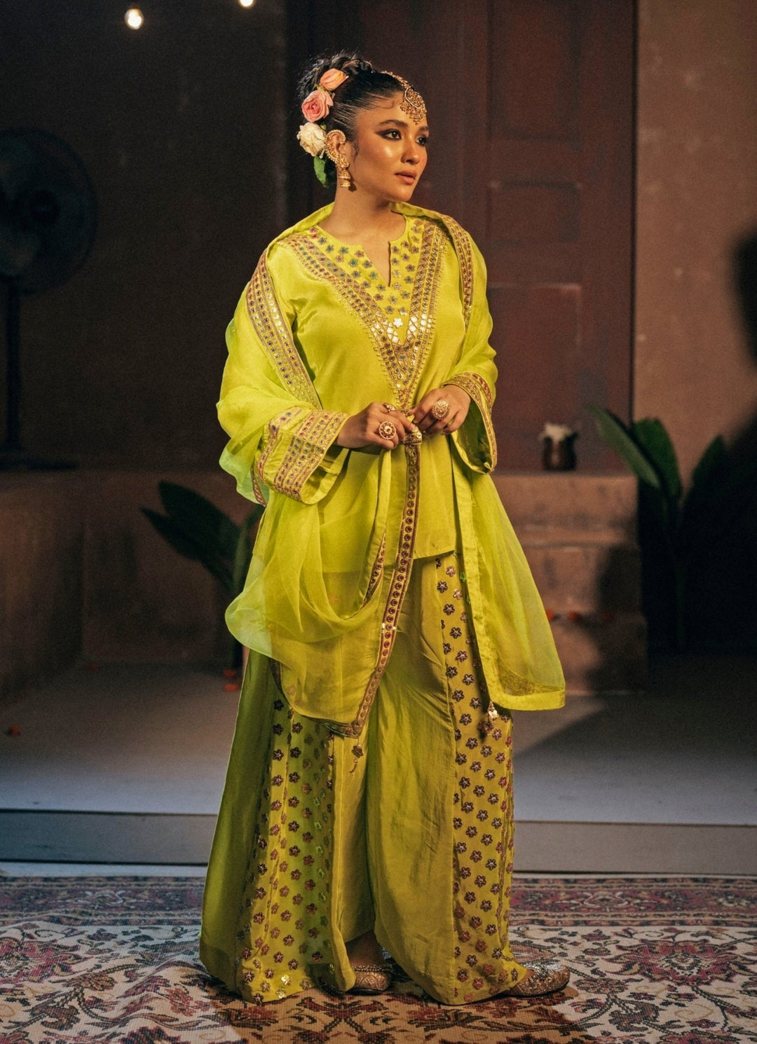 Neon Lime Green Crepe Silk Sharara Prahnaaya - Fabilicious Fashion