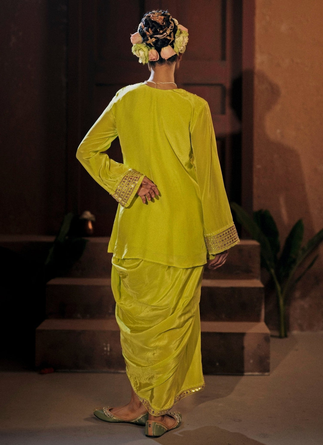 Neon Lime Green Crepe Silk Tunic Jacket With Drape Skirt Prahnaaya - Fabilicious Fashion