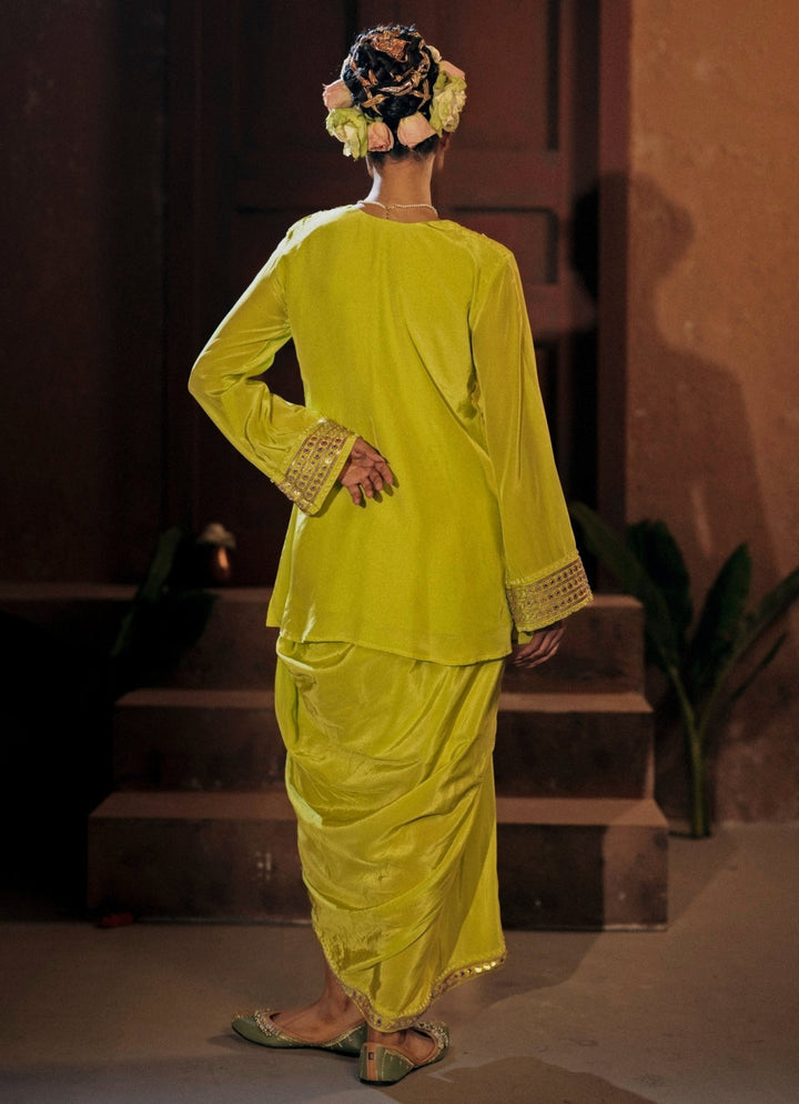 Neon Lime Green Crepe Silk Tunic Jacket With Drape Skirt Prahnaaya - Fabilicious Fashion