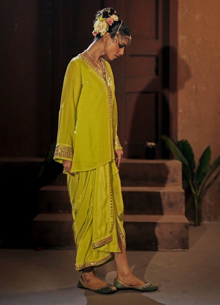 Neon Lime Green Crepe Silk Tunic Jacket With Drape Skirt Prahnaaya - Fabilicious Fashion