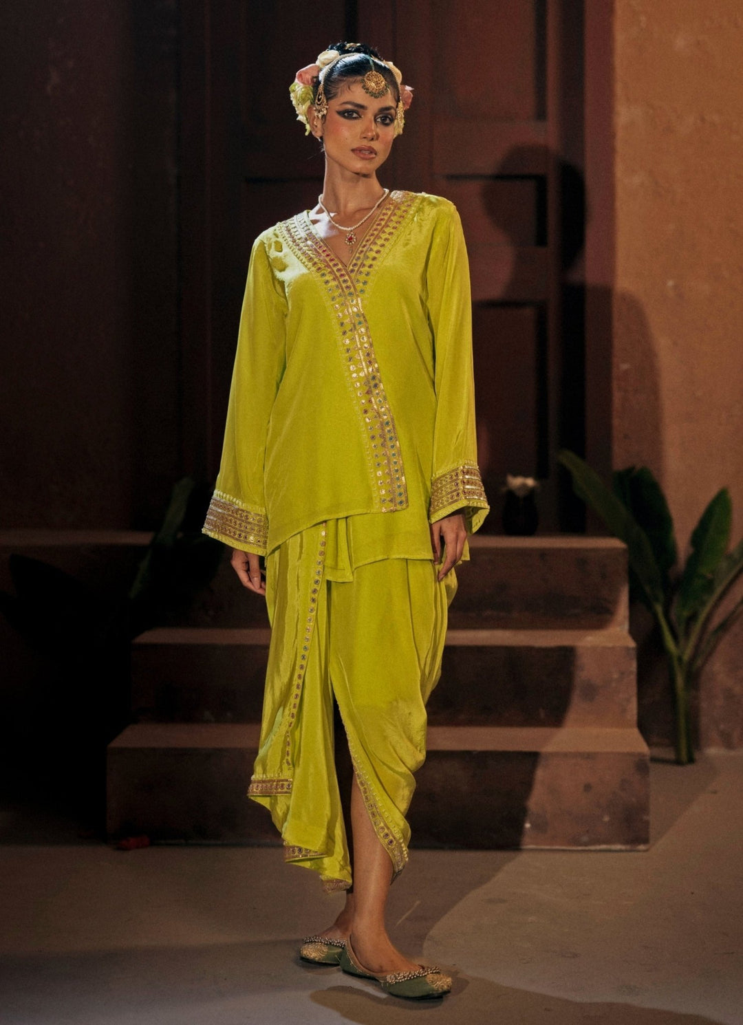 Neon Lime Green Crepe Silk Tunic Jacket With Drape Skirt Prahnaaya - Fabilicious Fashion