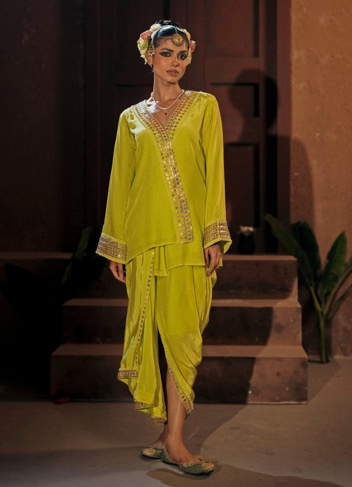 Neon Lime Green Crepe Silk Tunic Jacket With Drape Skirt Prahnaaya - Fabilicious Fashion