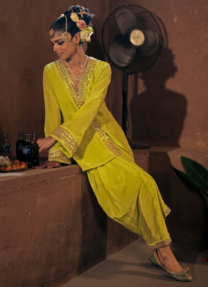 Neon Lime Green Crepe Silk Tunic Jacket With Drape Skirt Prahnaaya - Fabilicious Fashion