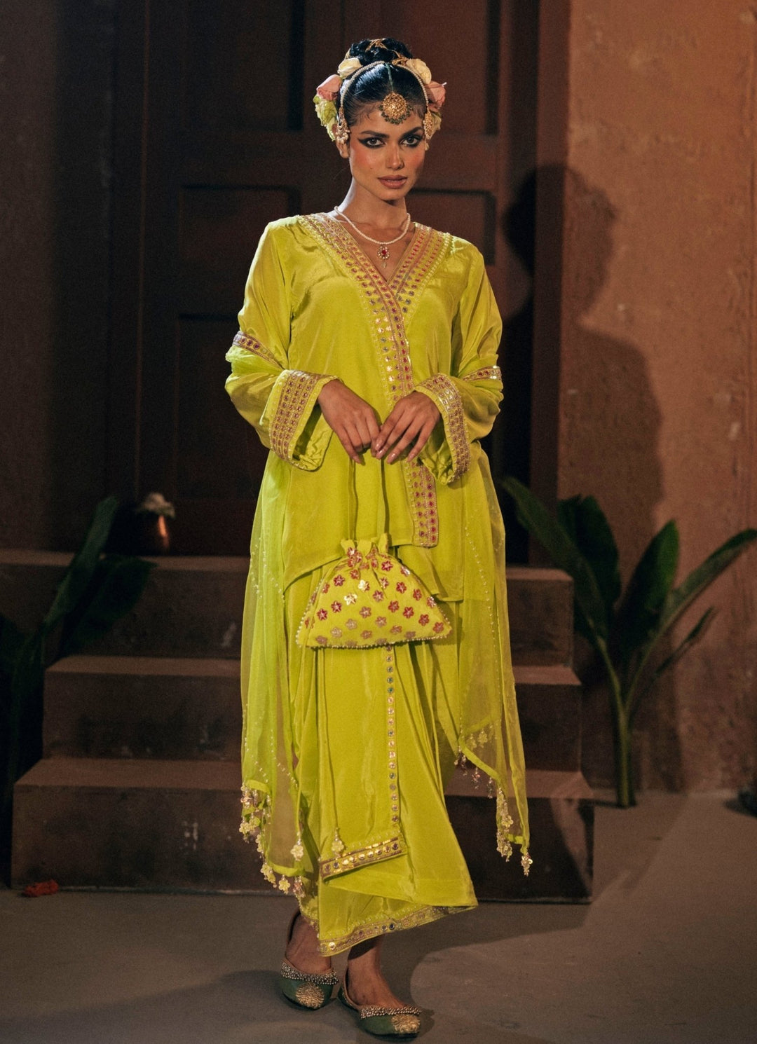 Neon Lime Green Crepe Silk Tunic With Drape Skirt Prahnaaya - Fabilicious Fashion