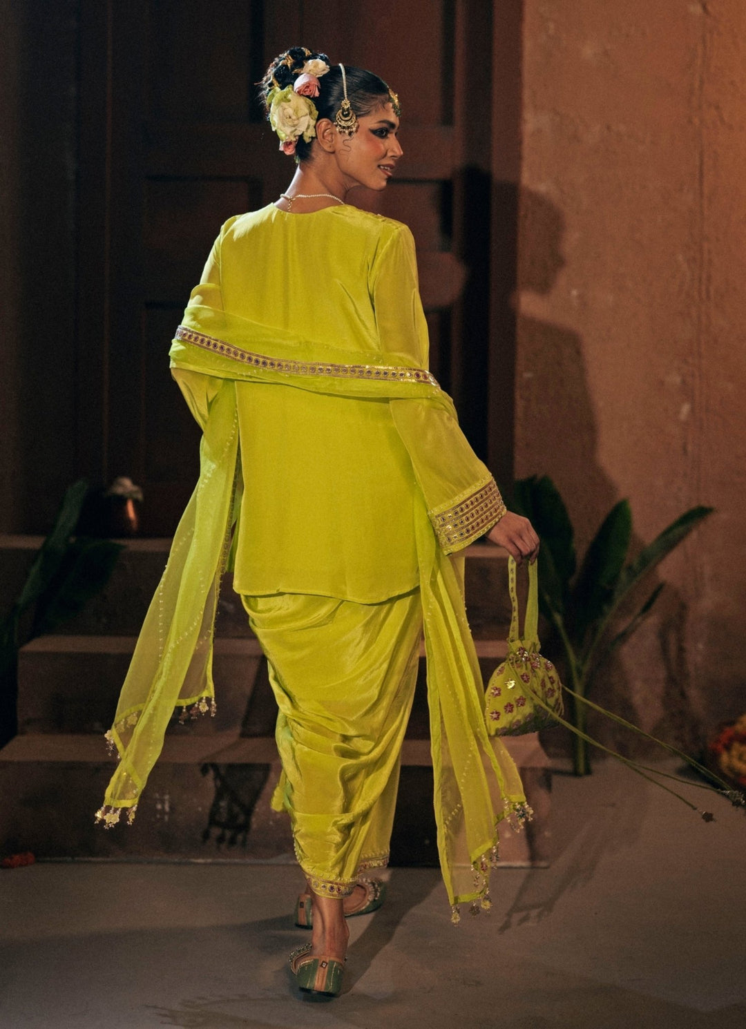 Neon Lime Green Crepe Silk Tunic With Drape Skirt Prahnaaya - Fabilicious Fashion