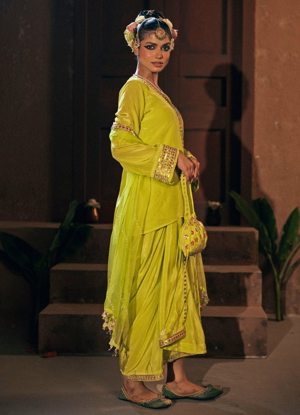 Neon Lime Green Crepe Silk Tunic With Drape Skirt Prahnaaya - Fabilicious Fashion