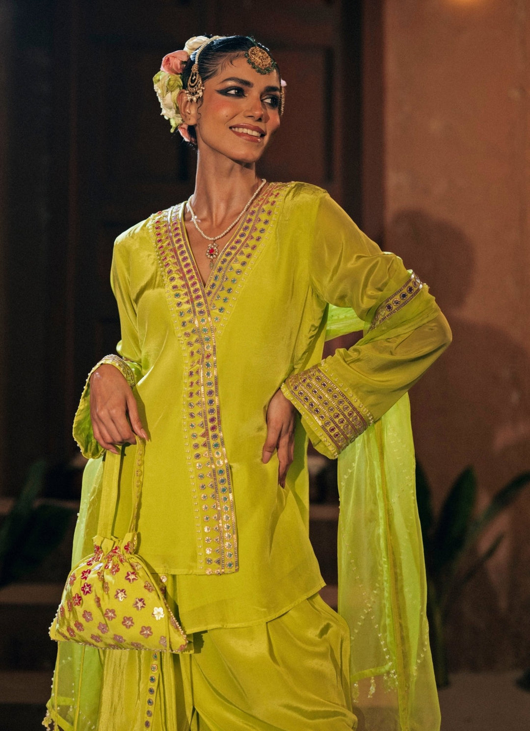 Neon Lime Green Crepe Silk Tunic With Drape Skirt Prahnaaya - Fabilicious Fashion