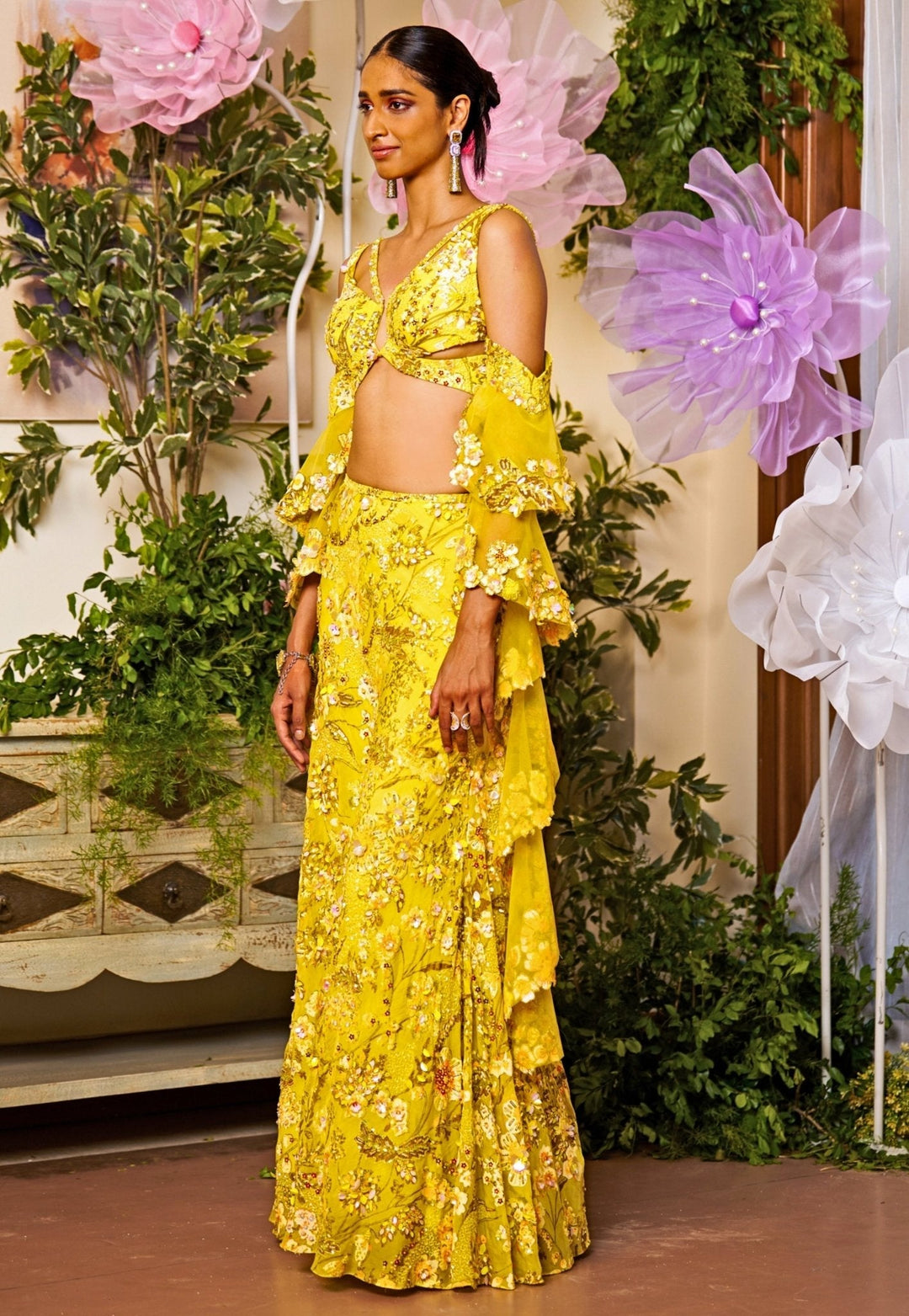 Neon Yellow Embroidered Organza Kurta Sharara Set Moledro - Fabilicious Fashion