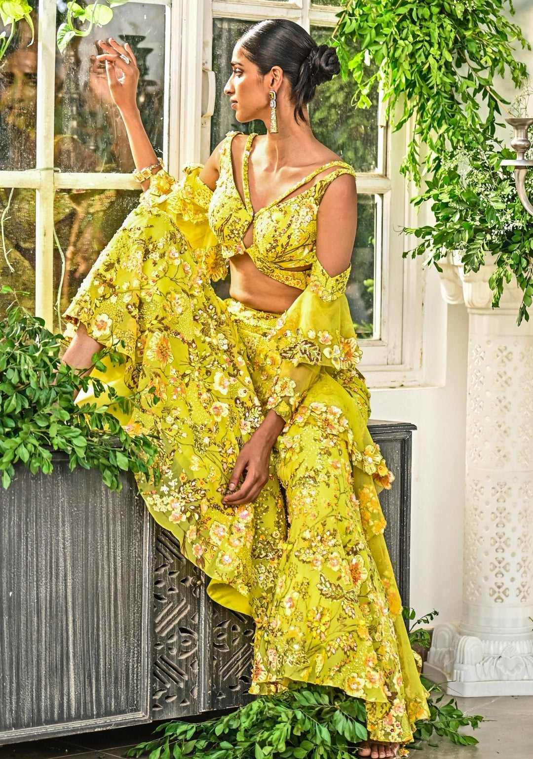 Neon Yellow Embroidered Organza Kurta Sharara Set Moledro - Fabilicious Fashion