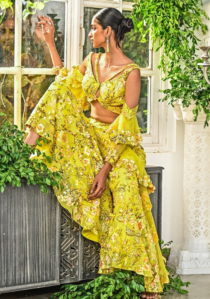 Neon Yellow Embroidered Organza Kurta Sharara Set Moledro - Fabilicious Fashion