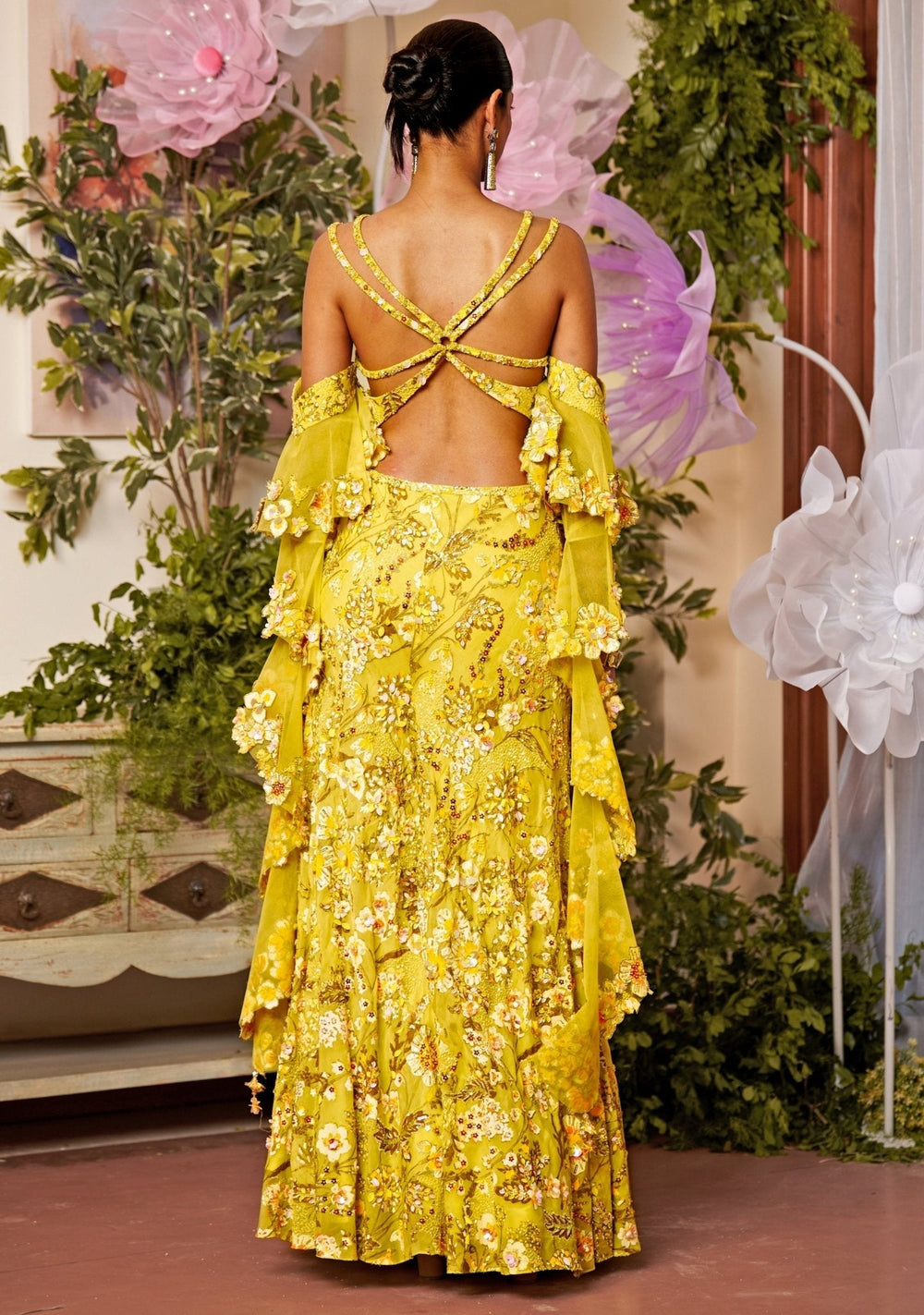 Neon Yellow Embroidered Organza Kurta Sharara Set Moledro - Fabilicious Fashion