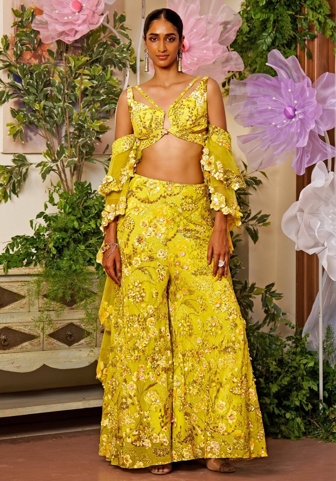 Neon Yellow Embroidered Organza Kurta Sharara Set Moledro - Fabilicious Fashion