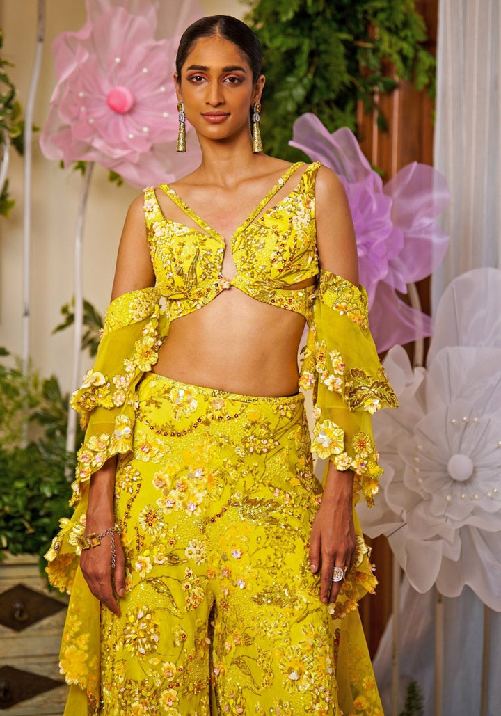 Neon Yellow Embroidered Organza Kurta Sharara Set Moledro - Fabilicious Fashion