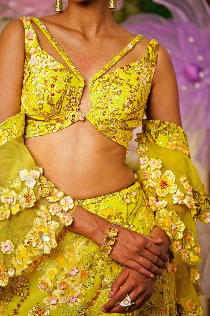 Neon Yellow Embroidered Organza Kurta Sharara Set Moledro - Fabilicious Fashion