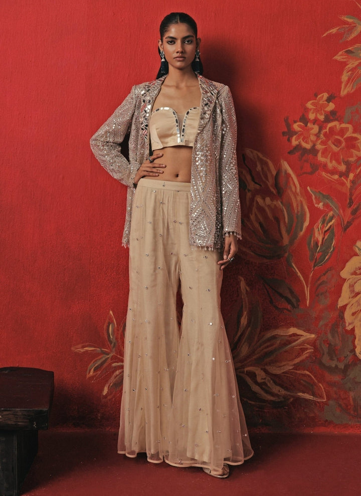 Twenty Nine Nude And Silver Soft Net Blouse Sharara SetFabilicious Fashion