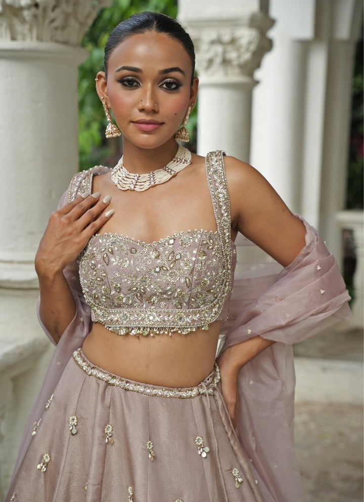 Nude Beige Embroidered Silk Lehenga Set Enamour by Radha - Fabilicious Fashion