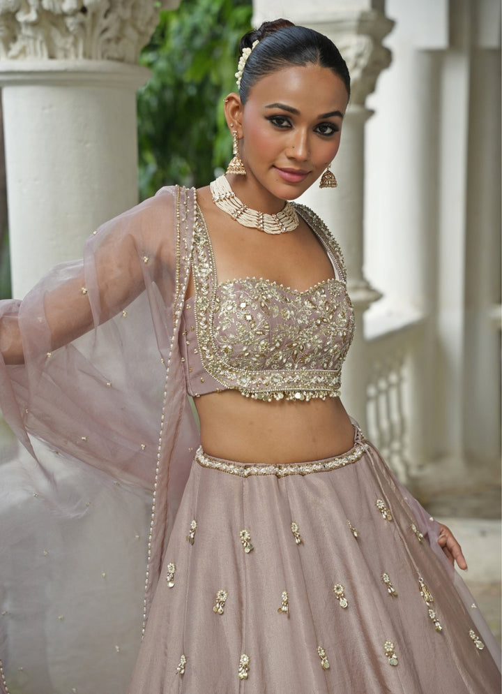 Nude Beige Embroidered Silk Lehenga Set Enamour by Radha - Fabilicious Fashion