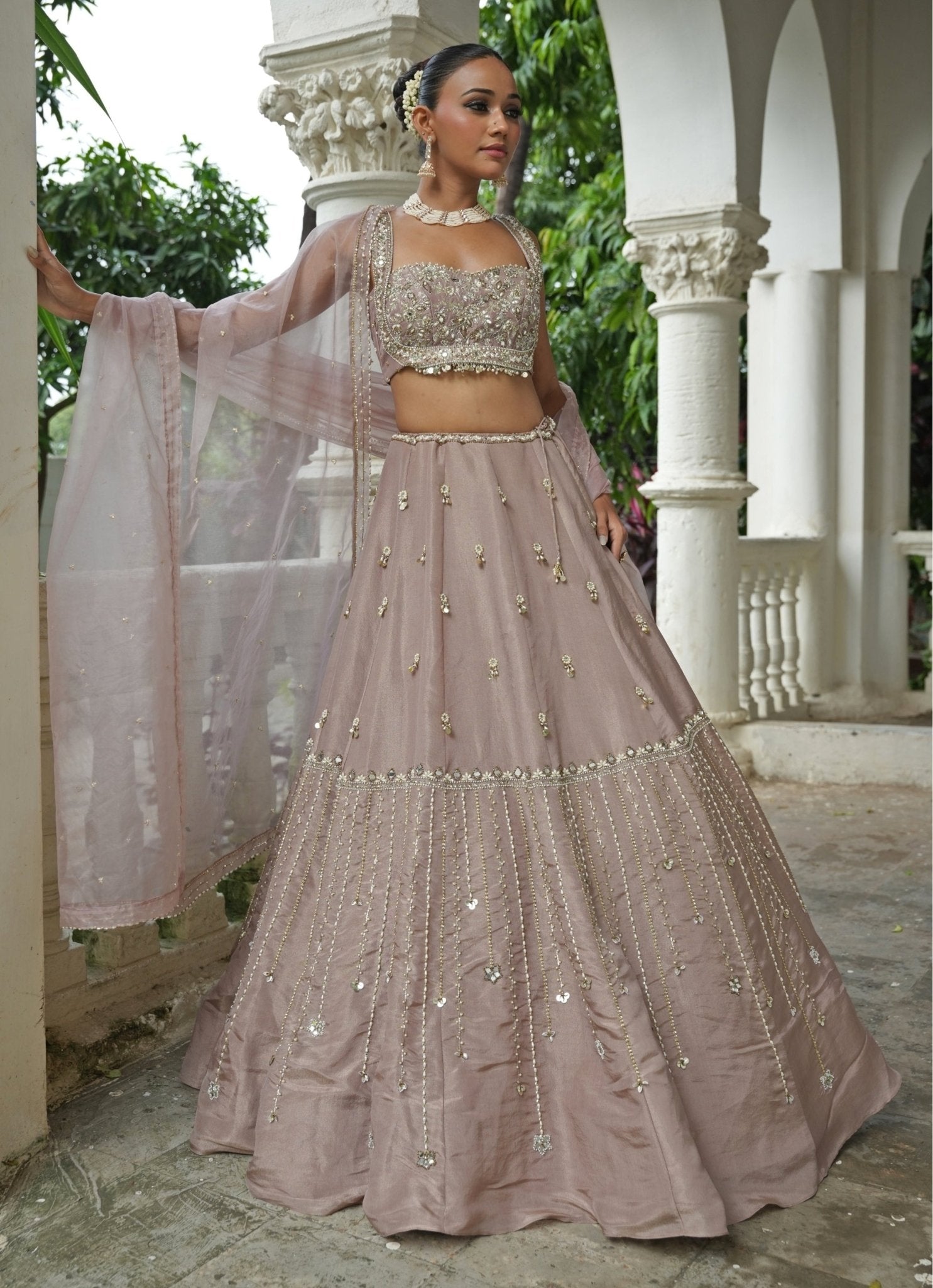 Nude beige embroidered silk lehenga set by Enamour by Radha — bridesmaid lehenga for reception