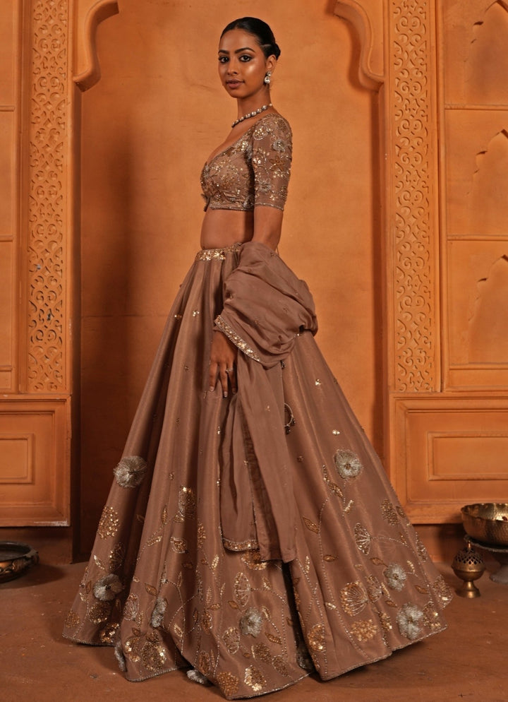 Nude Brown Embroidered Organza Lehenga Enamour by Radha - Fabilicious Fashion