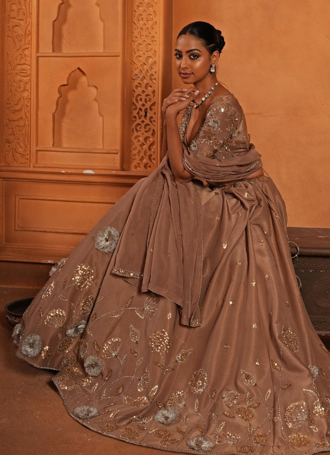 Nude Brown Embroidered Organza Lehenga Enamour by Radha - Fabilicious Fashion