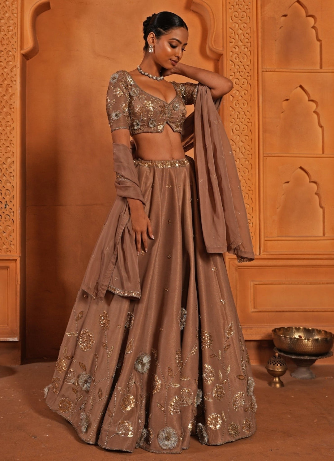 Nude Brown Embroidered Organza Lehenga Enamour by Radha - Fabilicious Fashion