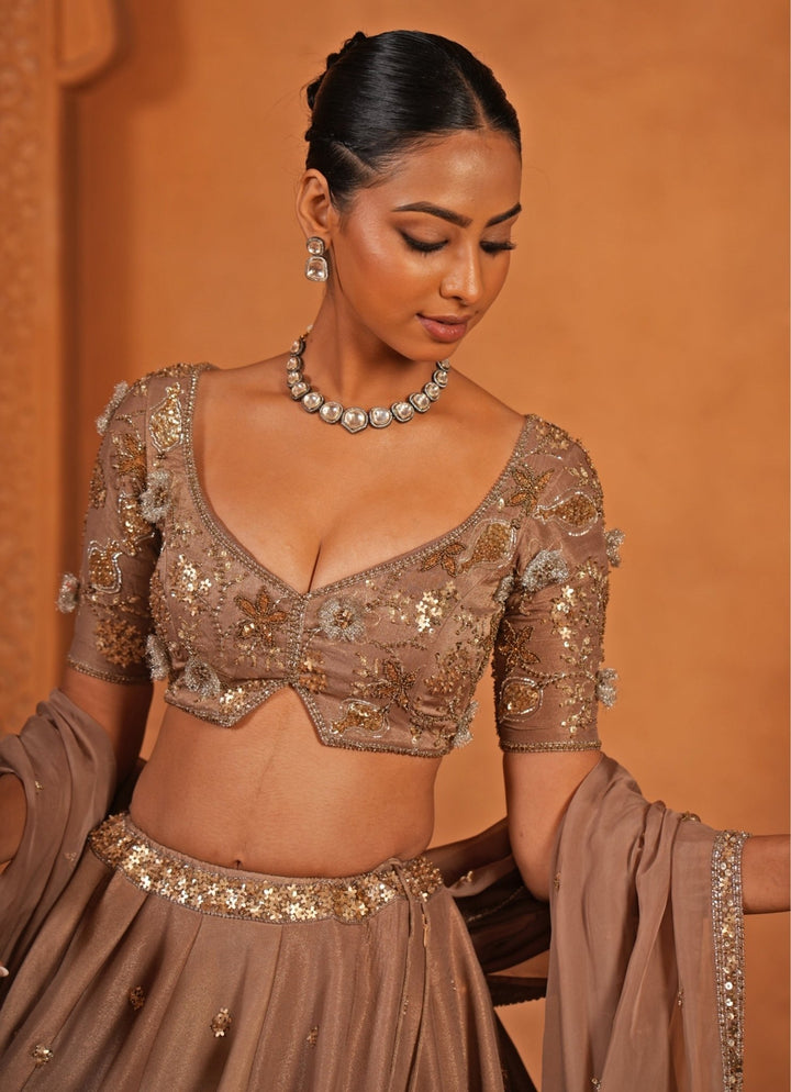 Nude Brown Embroidered Organza Lehenga Enamour by Radha - Fabilicious Fashion