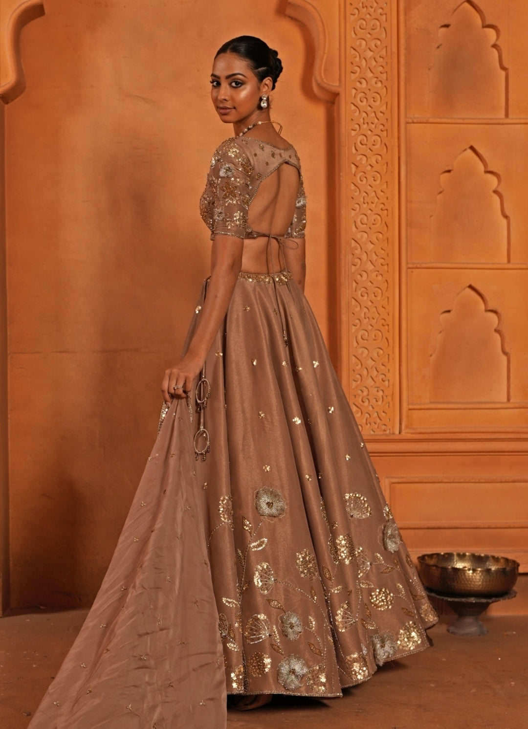Nude Brown Embroidered Organza Lehenga Enamour by Radha - Fabilicious Fashion