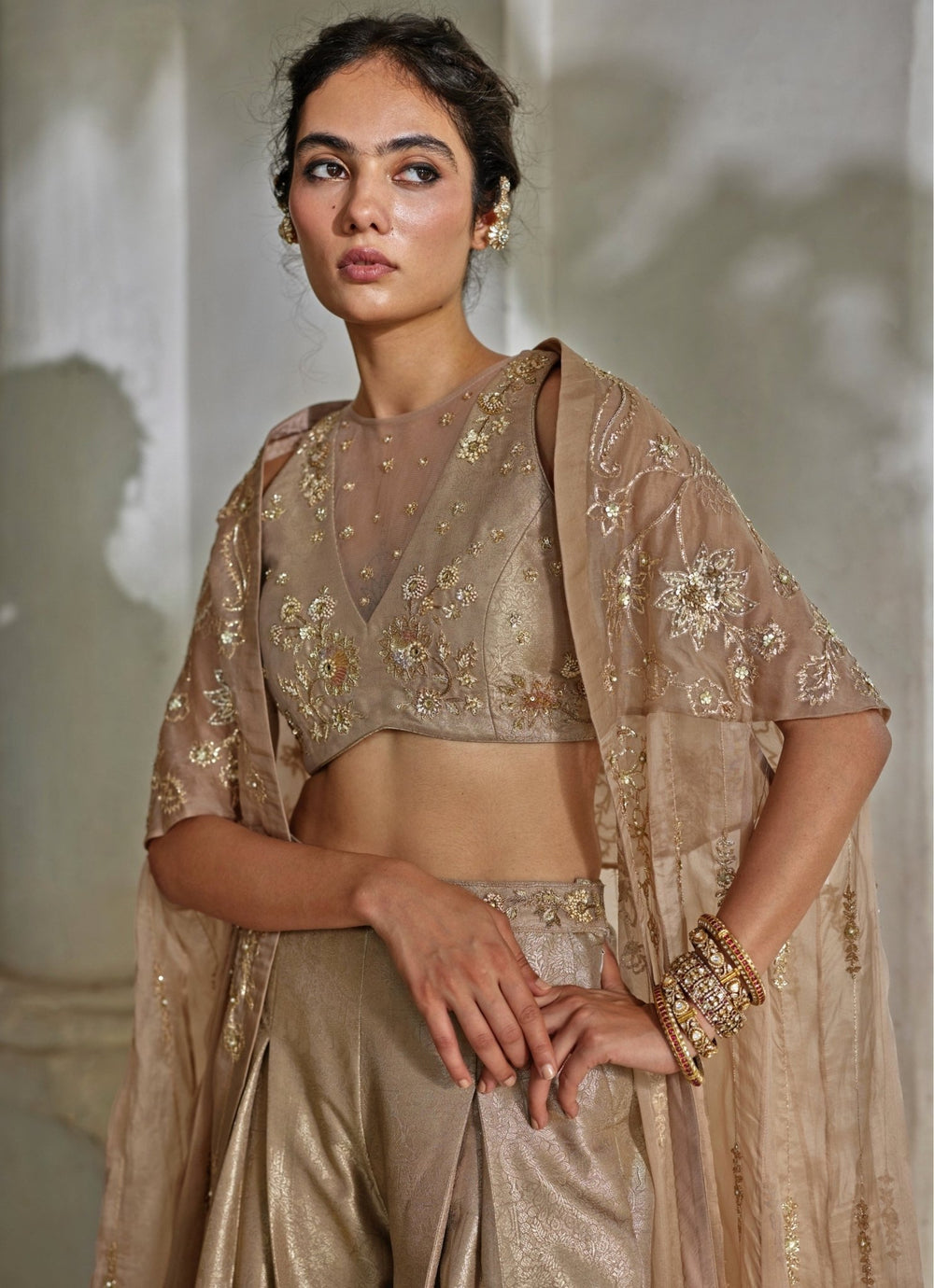 Nude Brown Jamavar Jacquard Trouser Cape Set Paulmi and Harsh - Fabilicious Fashion
