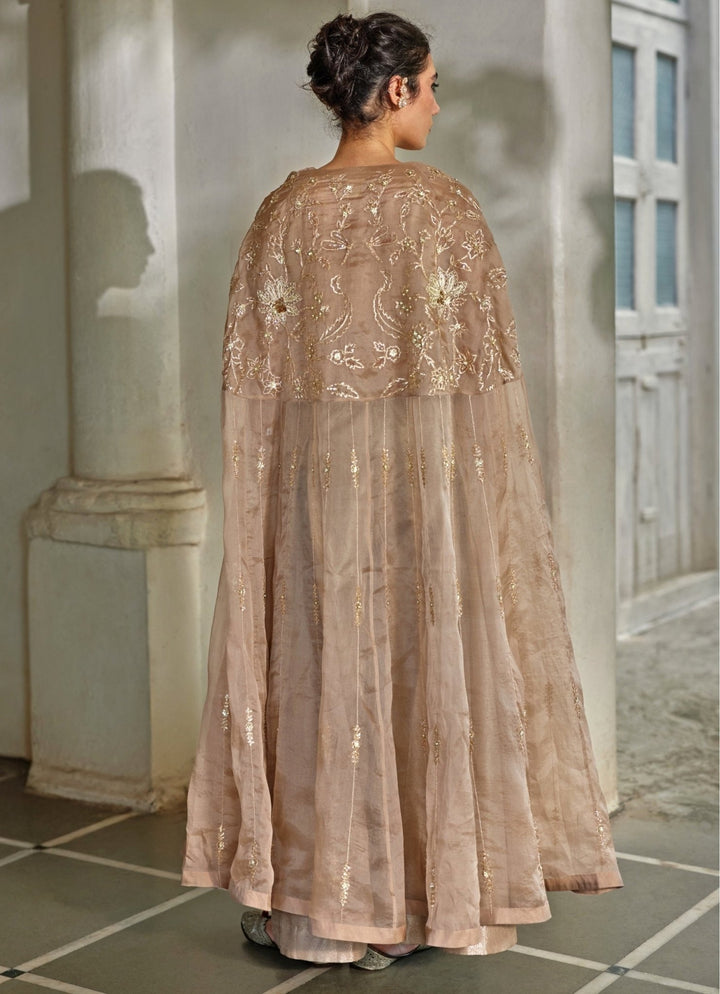 Nude Brown Jamavar Jacquard Trouser Cape Set Paulmi and Harsh - Fabilicious Fashion