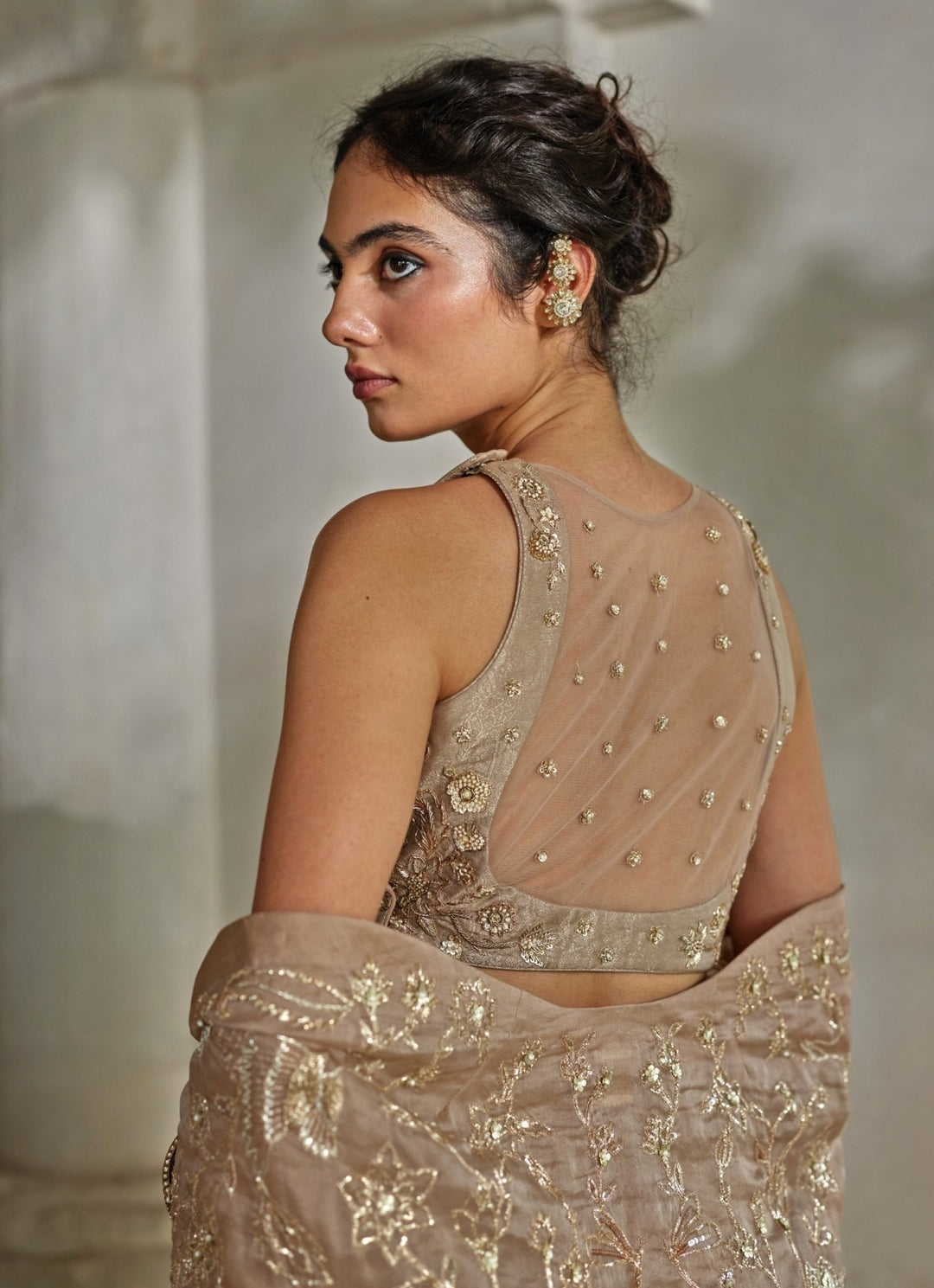 Nude Brown Jamavar Jacquard Trouser Cape Set Paulmi and Harsh - Fabilicious Fashion